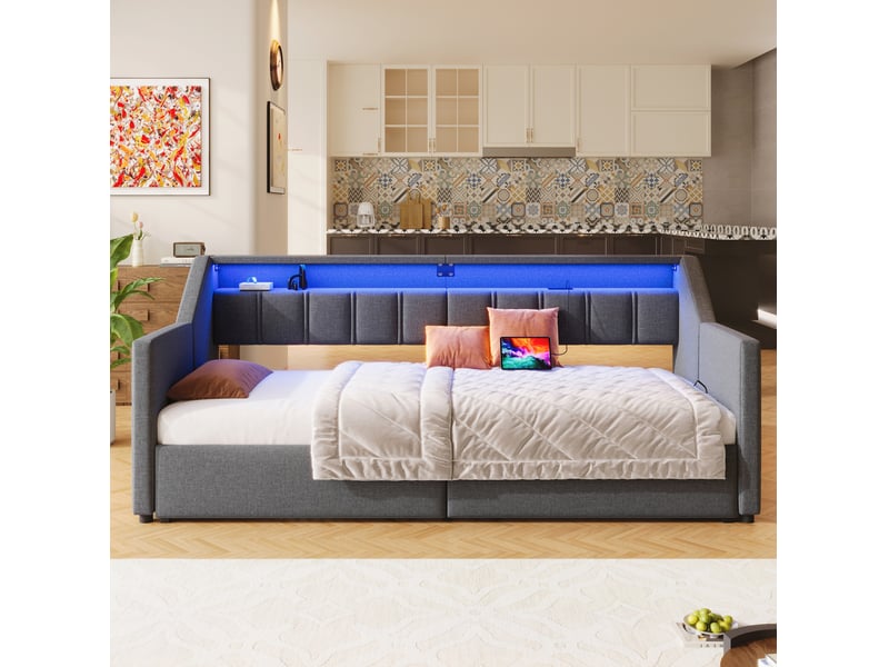  Lit gigogne 90x200 cm avec usb et type c, led et 2 tiroirs en lin et mdf gris  - Conforama D