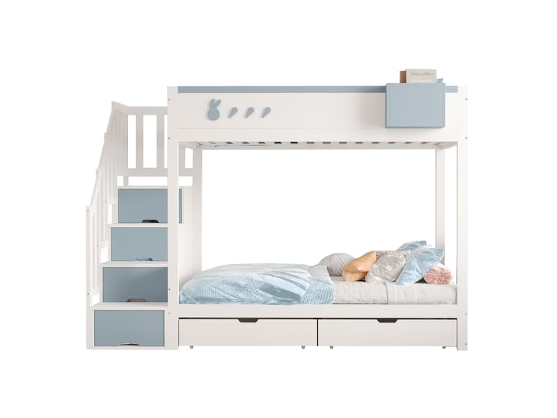  Lit superposé enfant 90x200 cm motifs lapin et carotte, rangement, chambre ludique, bois, blanc et bleu sans matelas  - Conforama A