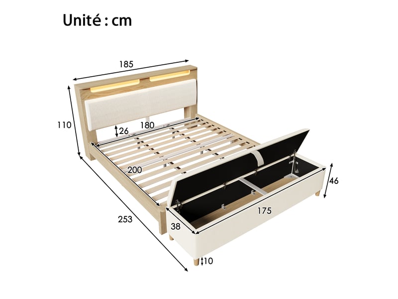 Lit avec rangement 180x200 cm - lit double avec tête de lit led et coffre banc - sans matelas - chêne clair et beige - Conforama C