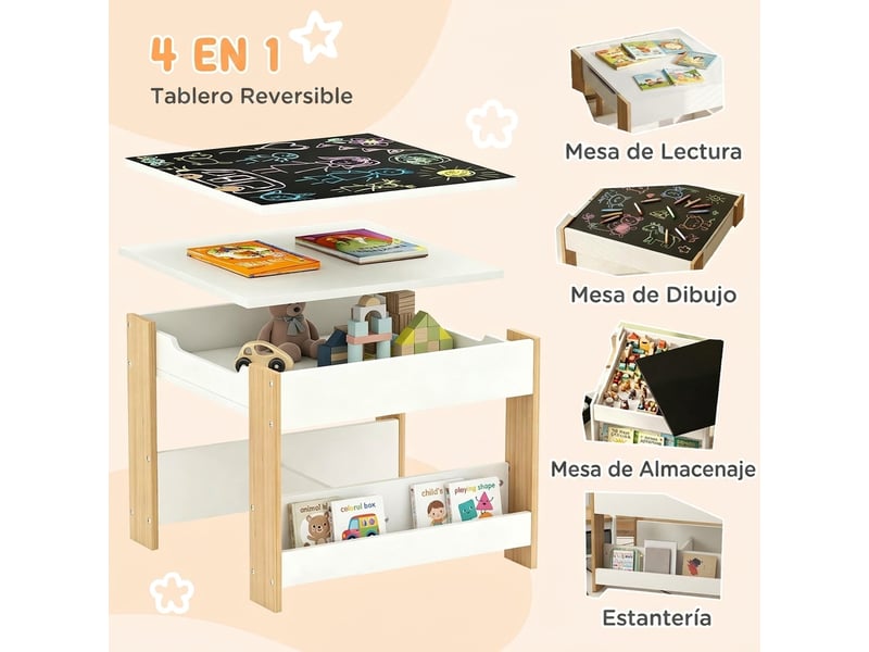 Ensemble table et chaises 3 en 1 pour enfants avec tableau noir, tiroirs en tissu et espace de rangement, blanc et naturel - Conforama E