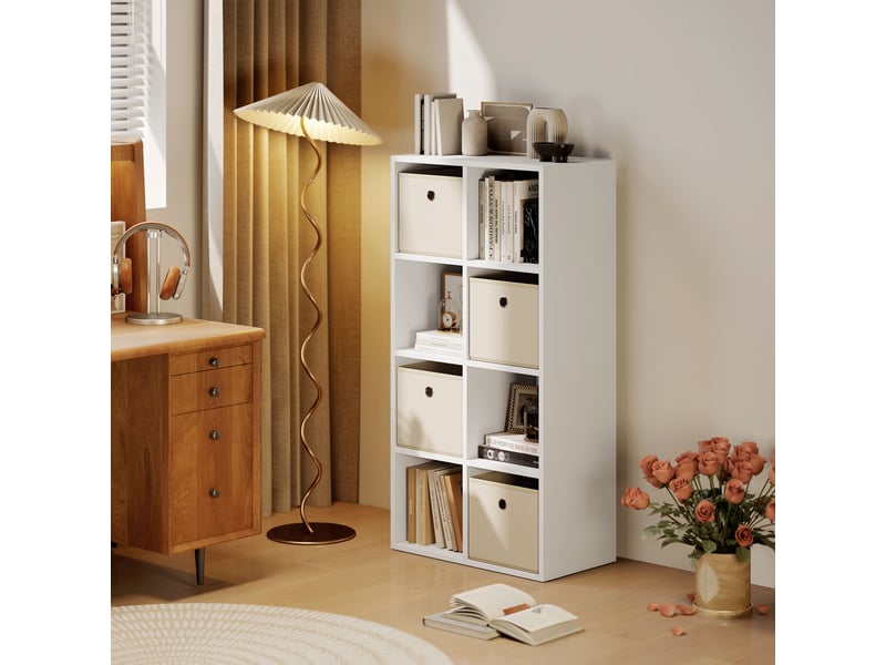 Étagère cubique 8 compartiments + 4 tiroirs tissu, pose horizontalvertical, blancbeige, 105,9×30×53,7 cm - Conforama C