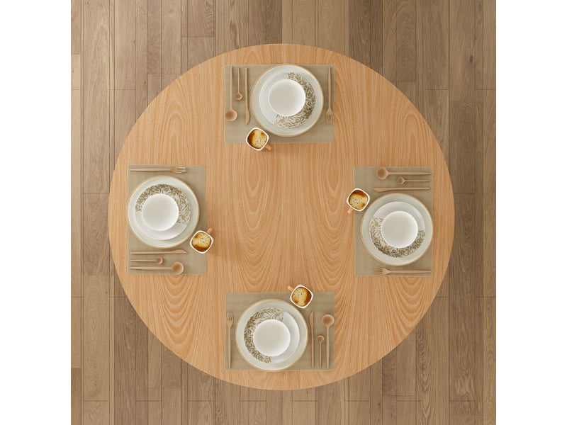 Table de cuisine ronde 110 cm style campagne, plateau mdf plaqué chêne en deux demi-cercles - Conforama E