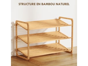 Étagère à chaussures en bambou à 3 niveaux, porte-chaussures capacité 12 paires, bois naturel, 76x33x50,8cm