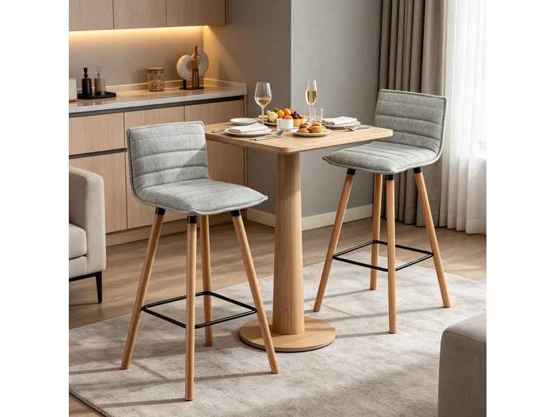  Lot de 2 tabourets de bar avec dossier rembourré et repose-pieds pour cuisine en tissu et bois gris clair  - Conforama D