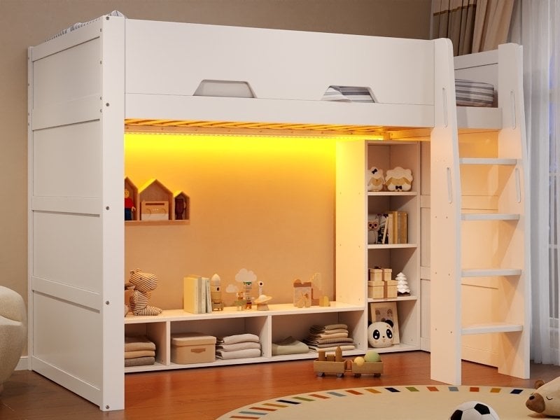  Lit mezzanine en bois, 90x200 cm, avec de nombreux espaces de rangement et éclairage led, blanc  - Conforama B