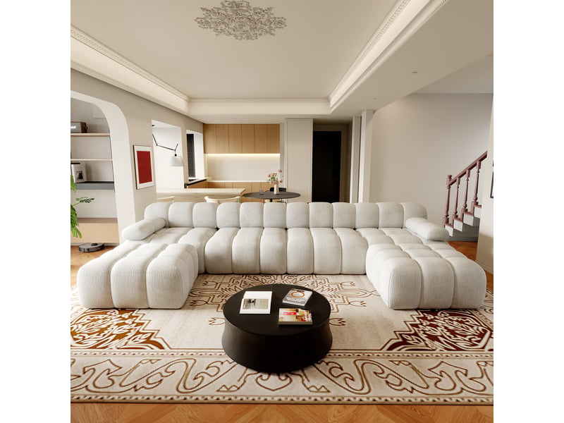  Canapé d'angle en u 4 places, 400 cm, sans montage, mousse compressée, pour salon, chambre et appartement, blanc  - Conforama C