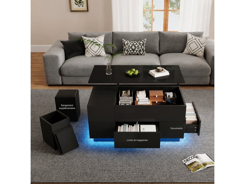  Table basse relevable noire 4 en 1, led, 2 tiroirs et 2 poufs, 100 x 50 cm, noir  - Conforama C