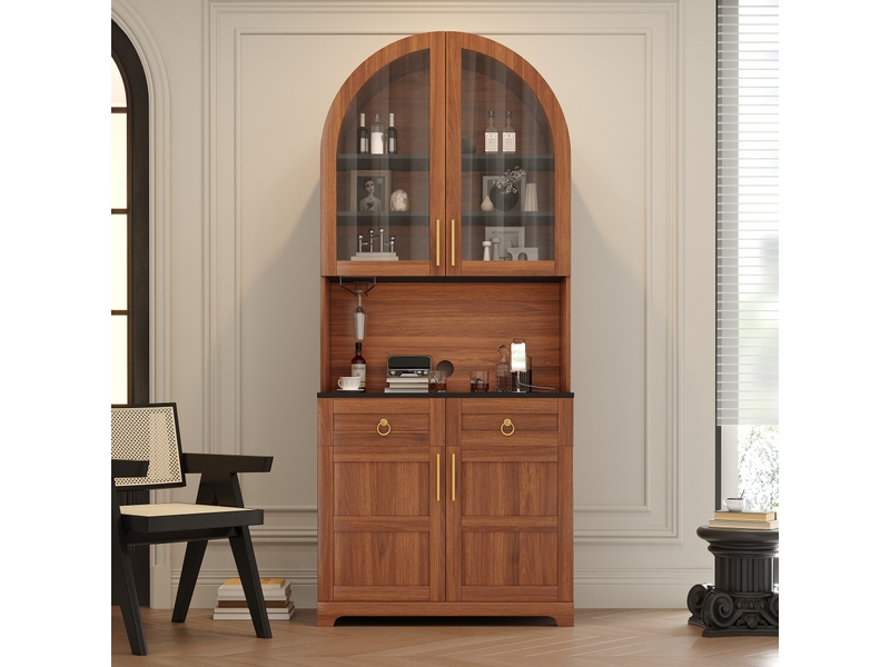  Buffet haut vitrine 80x40x180 cm finition noyer, led réglable par appli, prises et ports usb, 2 portes vitrées, 2 tiroirs, niche ouverte en arche  - Conforama C