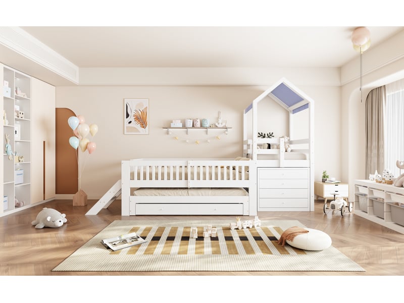 Lit enfant 90x200 avec lit gigogne 90x190 structure en bois massif blanc avec tiroirs et escalier et auvent Sol Morn - Conforama D