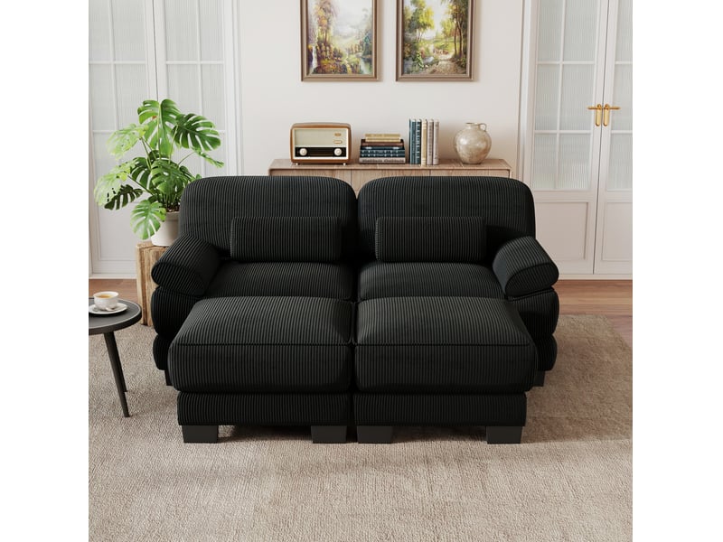 Canapé modulable 2 places avec 2 poufs en velours côtelé noir - Conforama B