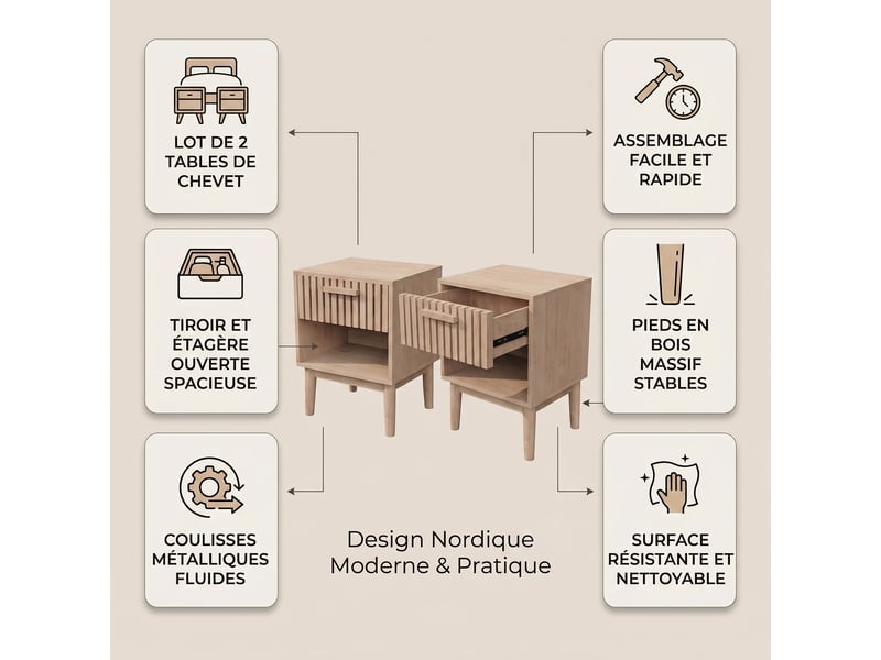  Lot de 2 tables de chevet, 40x35x55 cm, avec 1 tiroir et compartiment ouvert, pieds en bois massif, style scandinave, couleur chêne  - Conforama C