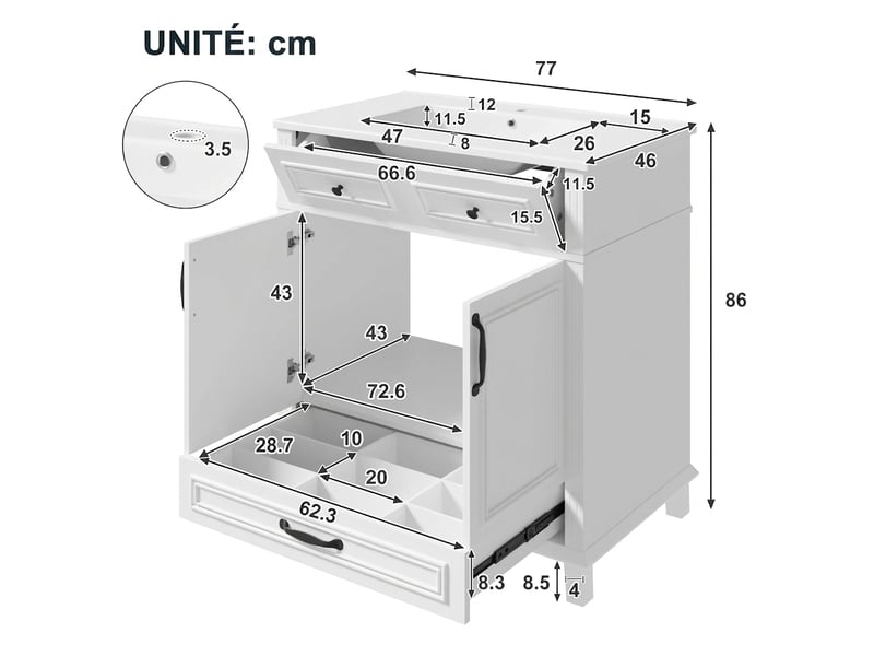 Meuble salle de bain sur pied 77 cm vasque en céramique intégrée meuble vasque blanc - Conforama E