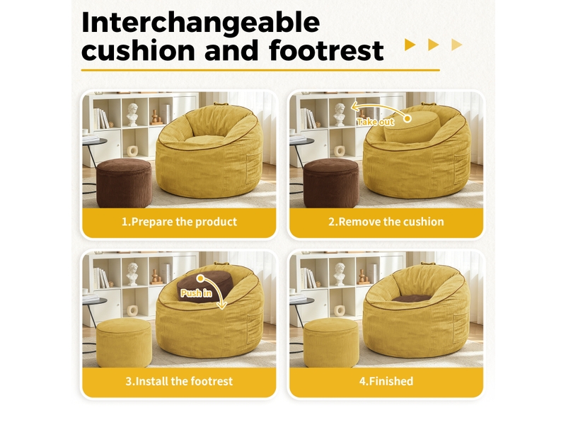  Fauteuil pouf ergonomique avec poche de rangement et ottoman cylindrique assorti en tissu jaune  - Conforama D