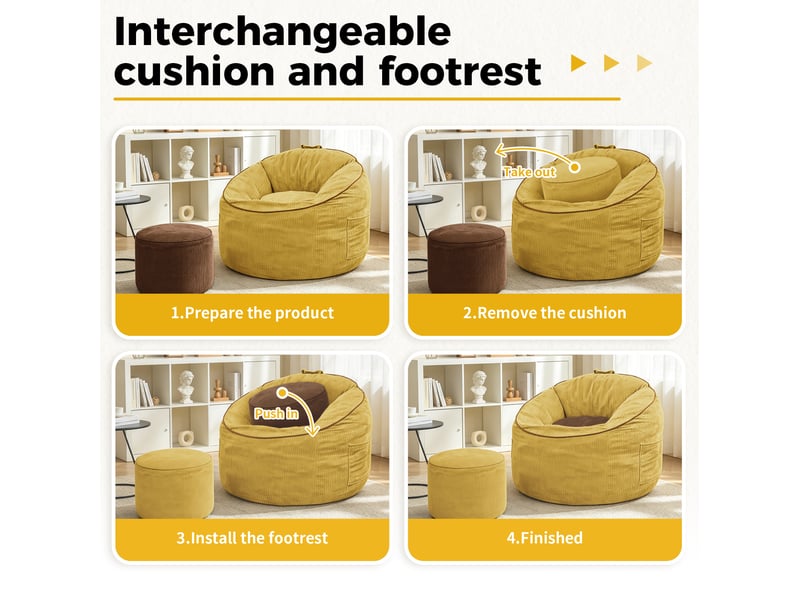  Fauteuil pouf ergonomique avec poche de rangement et ottoman cylindrique assorti en tissu jaune  - Conforama D