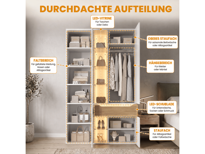  Armoire de chambre avec éclairage led et vitrine en verre, 122x50x200 cm, mdf blanc  - Conforama R