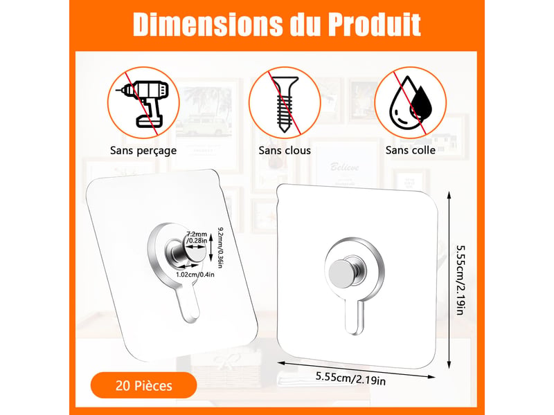 Lot de 20 crochets autocollants pour photos, posters et peintures décoratives sans perçage, transparent - Conforama B