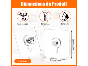 Lot de 20 crochets autocollants pour photos, posters et peintures décoratives sans perçage, transparent