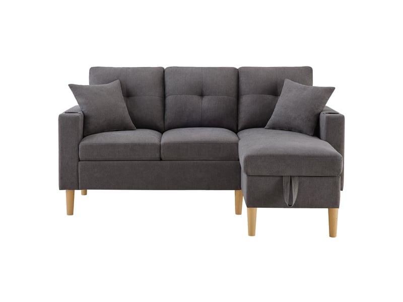  Canapé d'angle 3 places en tissu effet lin gris foncé avec chaiselongue et rangement intégré  - Conforama A
