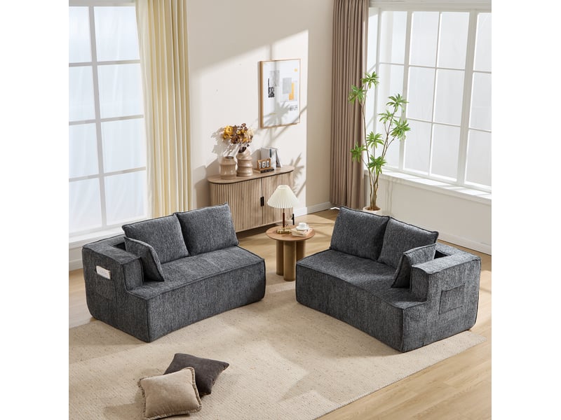  Canapé modulaire incurvé avec assise profonde et dossier à coussins, en velours côtelé gris foncé 302 × 115 × 65 cm  - Conforama D