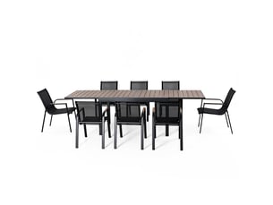 Salon de jardin 8 places avec table extensible 270cm en aluminium et bois loboc