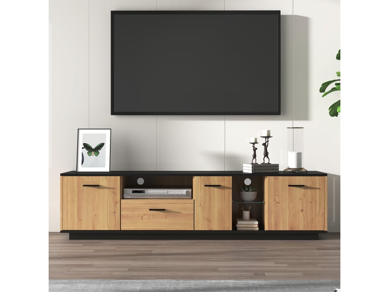  Meuble tv noir et effet bois naturel, 3 portes, 1 tiroir, 2 niches vitrées, led 16 couleurs  - Conforama B
