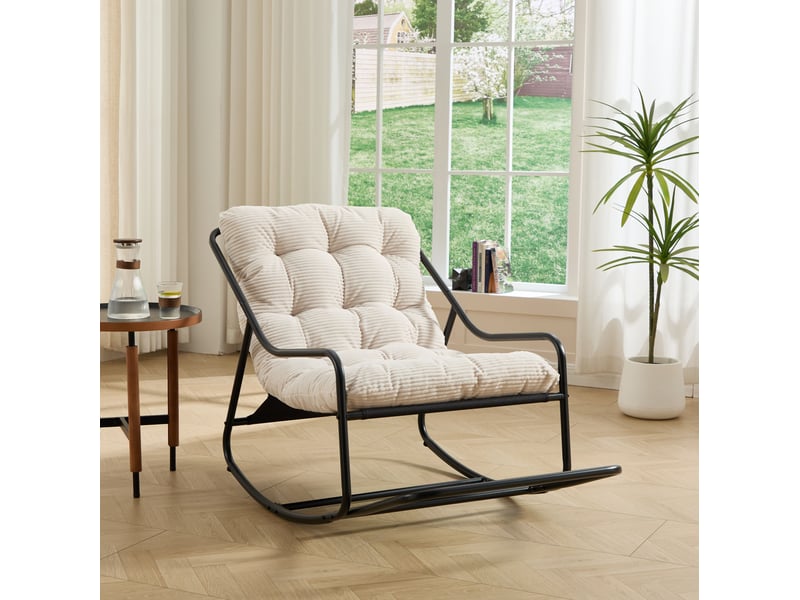 Fauteuil à bascule extérieur en acier noir avec coussin blanc épais, 75 × 116 × 82 cm, pour vos moments détente - Conforama E