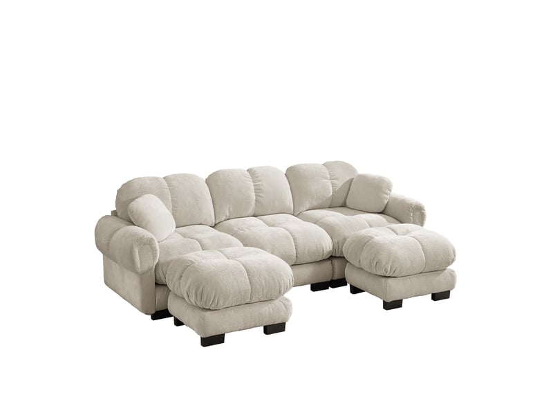 Canapé modulable 3 places 260 cm canapé droit en tissu chenille avec 2 pouf mobile, design matelassé, coussins épais, dossier ergonomique, kaki clair Seren Glow - Conforama A