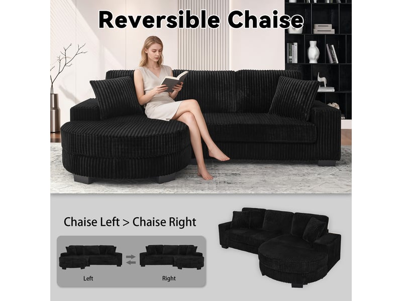 Canapé d'angle, canapé modulable – 4 places, en velours tricoté, coussins inclus, noir, avec pouf, 256,5 x 133,5 x 89 cm - Conforama R