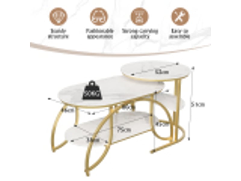  Lot de 2 tables basses 80x46x45 cm, table gigogne design marbre, avec espace de rangement, cadre en métal, pour canapé, salon, chambre (doré + blanc)  - Conforama C
