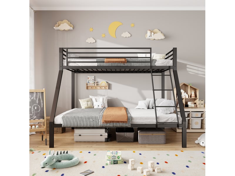  Lit superposé métal noir 90x200 et 140x200 cm avec garde-corps et sommiers à lattes  - Conforama D