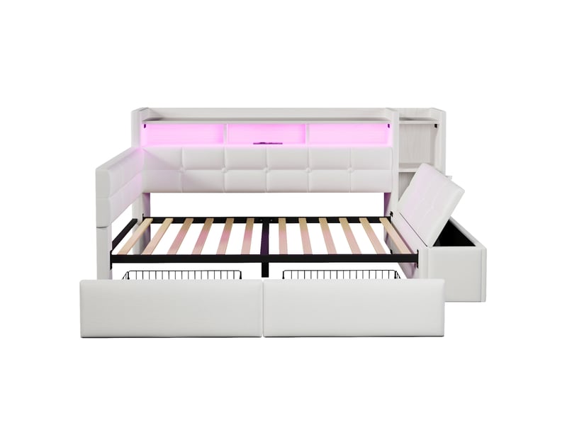  Lit banquette 90x190 cm avec 2 tiroirs, usb et port type-c, mdf, blanc sans matelas  - Conforama E