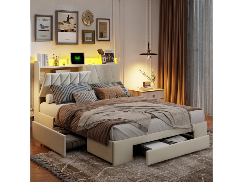 Lit adult 160 x 200 avec sommier led et usb, lit double capitonné avec 3 tiroirs, lit 2 places avec sommier à lattes, velours - Conforama W