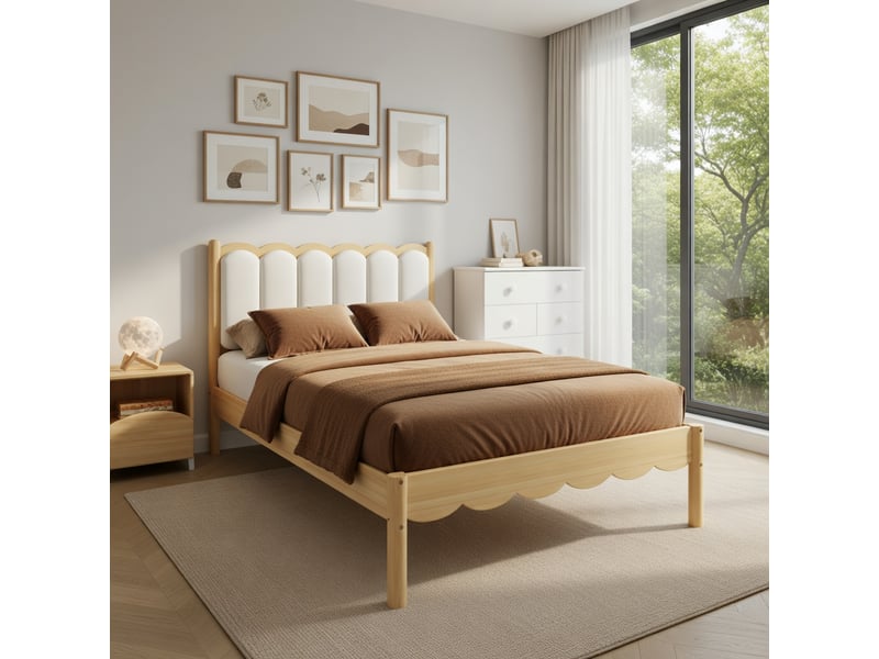  Lit d'enfant 90 x 200 cm, tête de lit rembourrée en pu, cadre en bois massif,beige  - Conforama B