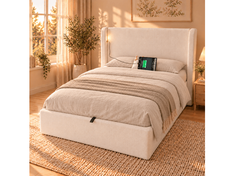  Lit enfant 90x200 cm, sommier inclus, coffre hydraulique, tête de lit avec veilleuse et usb-c, bouclé beige, sans matelas  - Conforama D