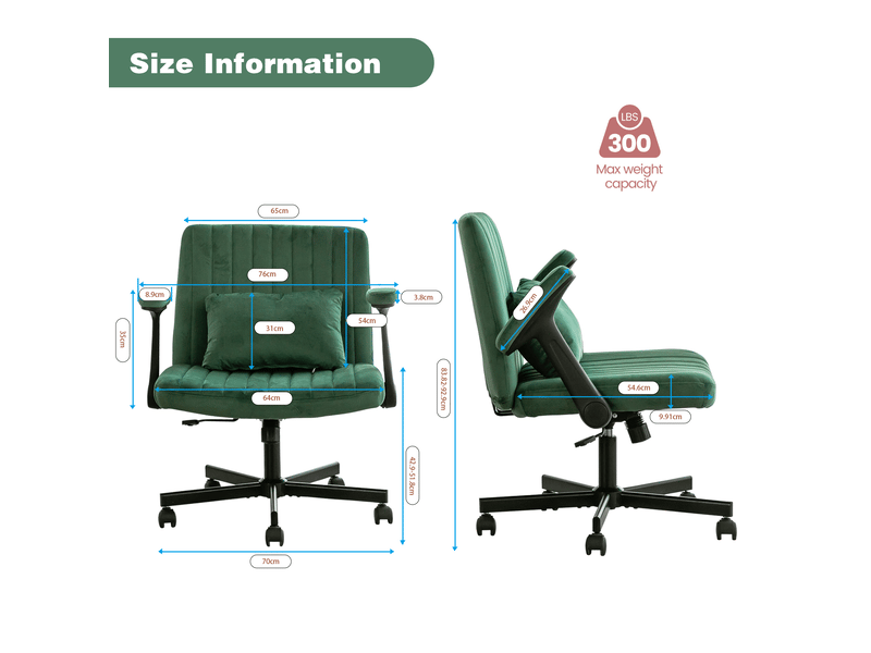  Chaise de bureau en velours vert, accoudoirs rabattables et réglables, roulettes silencieuses, idéale au quotidien  - Conforama C