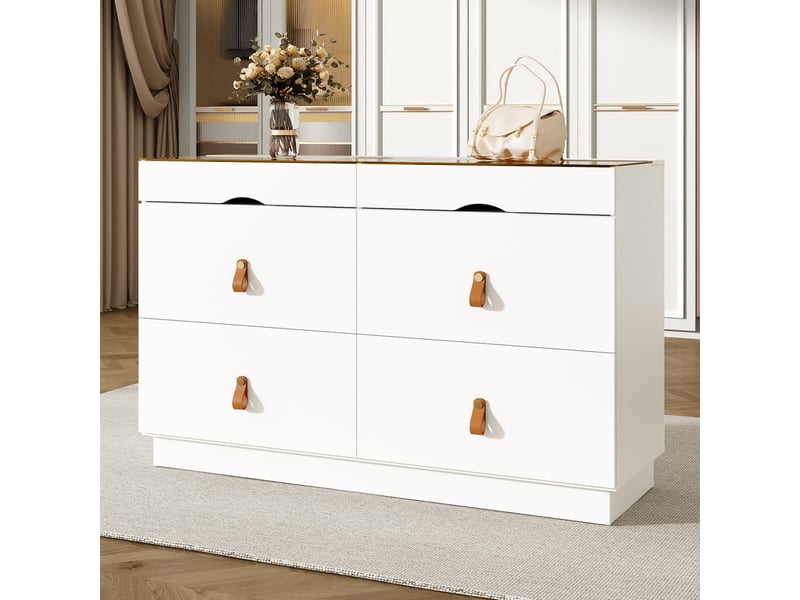  Commode 6 tiroirs, sideboard en verre de sécurité trempé, coiffeuse avec compartiments, stabilité anti-bascule, 120 x 40 x 78 cm, blanc  - Conforama D