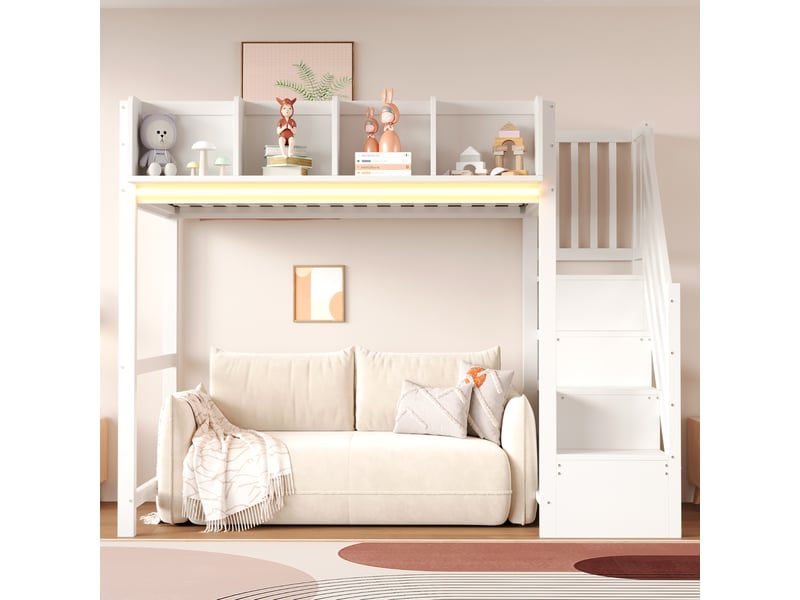  Lit mezzanine enfant une place 90×200 cm avec barrière, étagères et led - okmyhome- bois blanc, sans matelas  - Conforama C