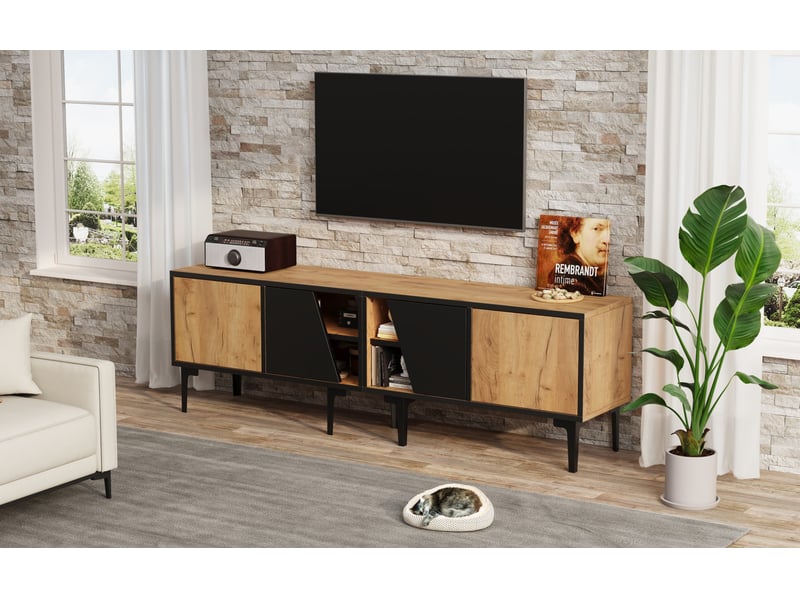  Meuble tv bas design 160 x 36,5 x 45 cm 4 compartiments portes obliques 7 pieds panneau de particules naturel et noir  - Conforama B