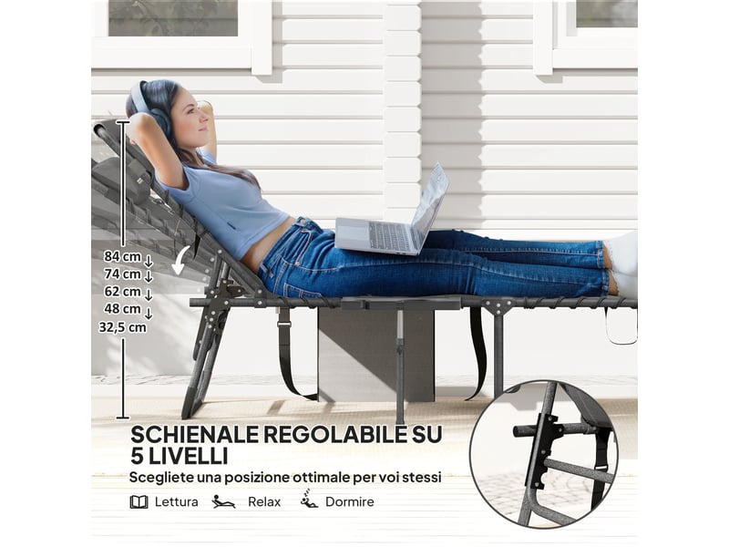  Chaise longue de jardin pliante et inclinable à 5 positions avec table d'appoint et poche, 60 x 190 x 31 cm, gris et noir  - Conforama E
