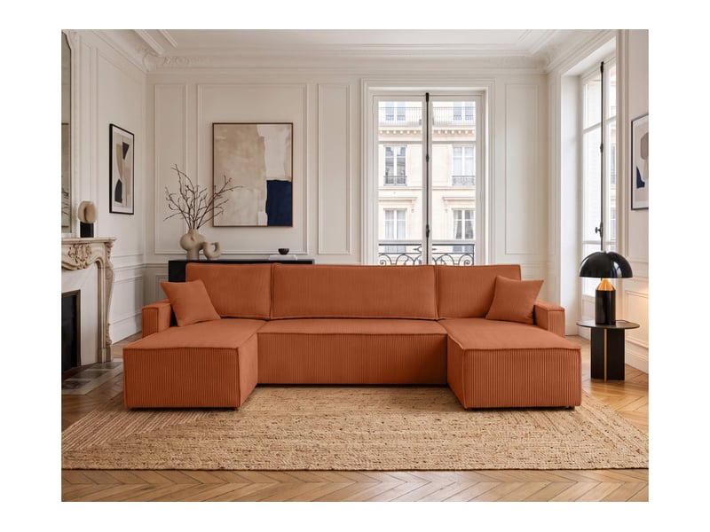  Farah - canapé d'angle panoramique convertible 6 places accoudoirs slim en velours cotelé  - Conforama B