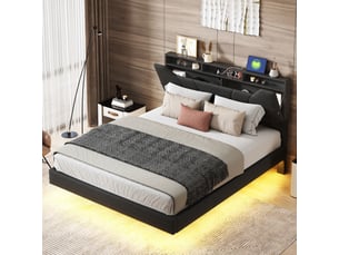 Lit coffre hydraulique 140×200cm, tête de lit pu avec rangement, led et port usb, design flottant, noir