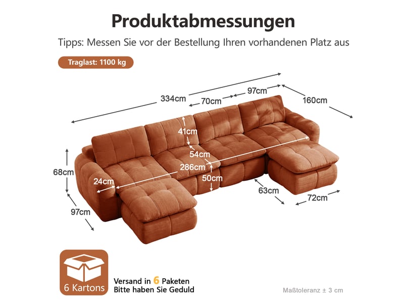  Canapé panoramique en u modulable 4 places avec 2 poufs, sans cadre, en chenille orange, 334 × 160 × 68 cm  - Conforama C