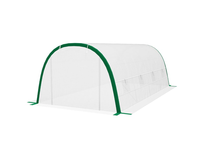 Serre tunnel 6 x 3 x 2 m avec porte enroulable, 8 fenêtres grillagées et structure en acier galvanisé blanc - Conforama B