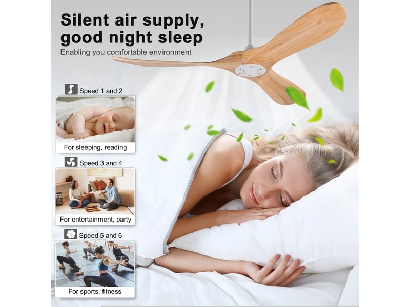  Ventilateur de plafond 132 cm sans éclairage bois massif blanc et naturel 6 vitesses télécommande silencieux minuterie et mémoire  - Conforama D