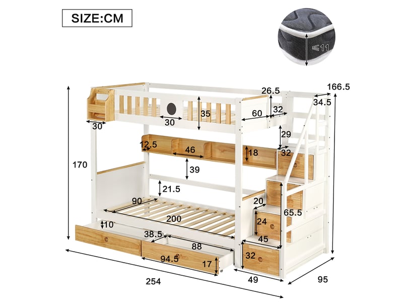  Lit superposé enfant 90x200 cm avec escalier de rangement, blanc et naturel  - Conforama C