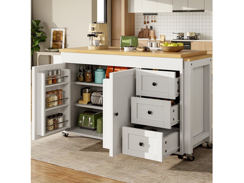 Îlot de cuisine 116 à 179,5 x 45 x 89 cm blanc, mdf et métal, 3 tiroirs et plateau extensible - Conforama B