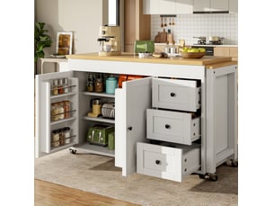 Îlot de cuisine 116 à 179,5 x 45 x 89 cm blanc, mdf et métal, 3 tiroirs et plateau extensible