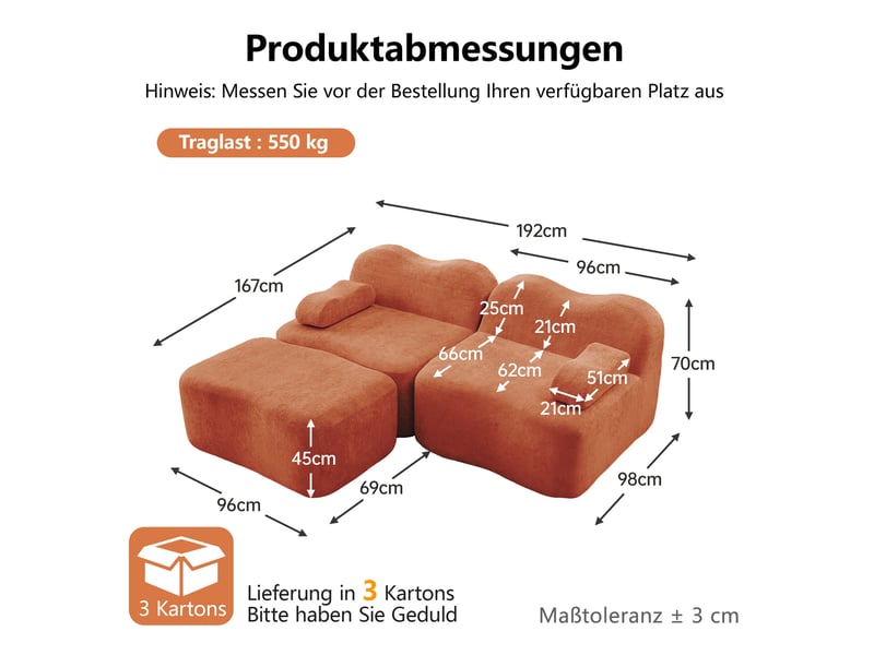  Canapé d'angle modulaire fixe 2 places en velours orange avec ottoman, forme vague pour le salon moderne  - Conforama C