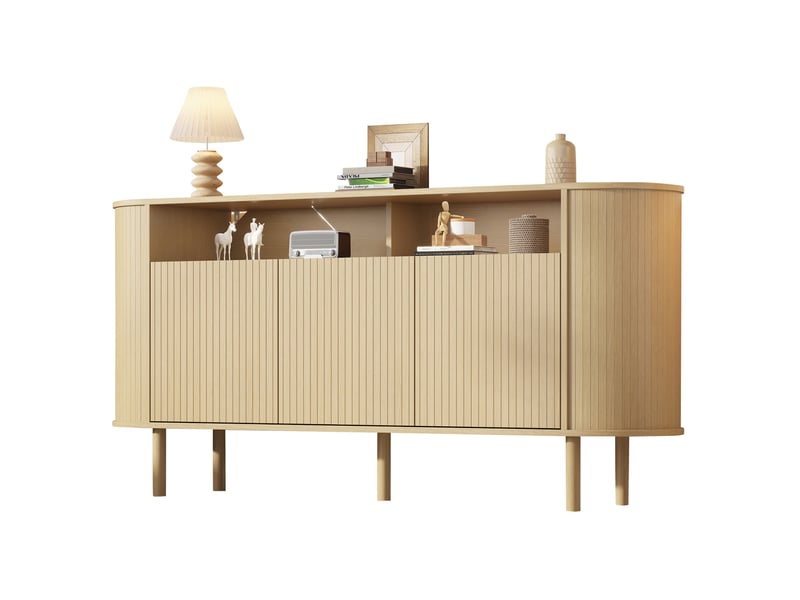 Buffet bas avec 3 portes ondulées et 2 niches ouvertes, 5 pieds, pour salon et salle à manger, coloris bois naturel - Conforama A