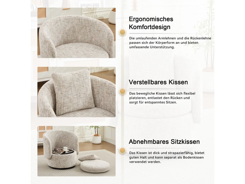  Fauteuil de salon - fauteuil pivotant 028, fauteuil d'appoint pivotant à 360°, 72 x 66.5 x 76 cm, ivoire  - Conforama D